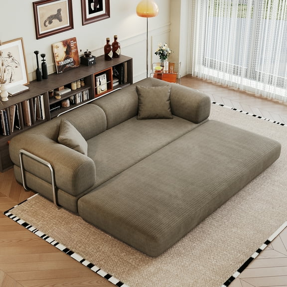 Compression Sofa, 78.8" Convertible Floor Sofa Bed with Pillow Back Support, Modular Sectional Sleeper, Corduroy Fabric Futon for Living Room & Bedroom, Camel