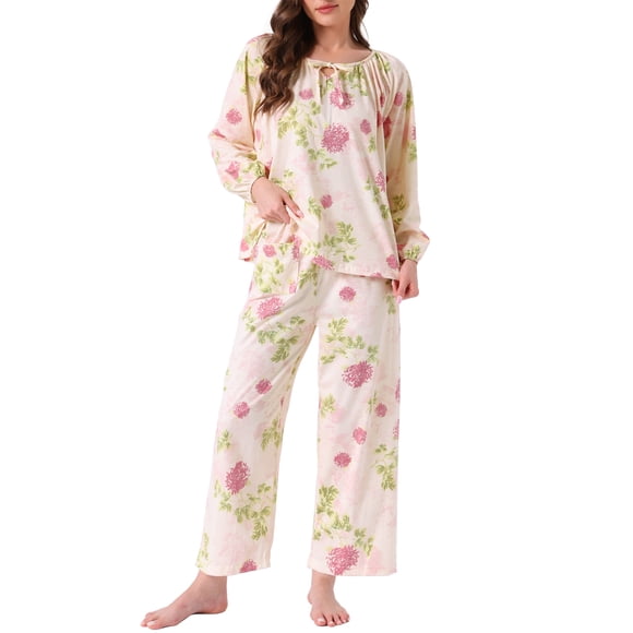 Conjunto de Pijamas para Mujeres de Manga Larga Floral con Pullover y Frente Atado, Pantalones Anchos Suaves de 2 Piezas, Rosa Floral