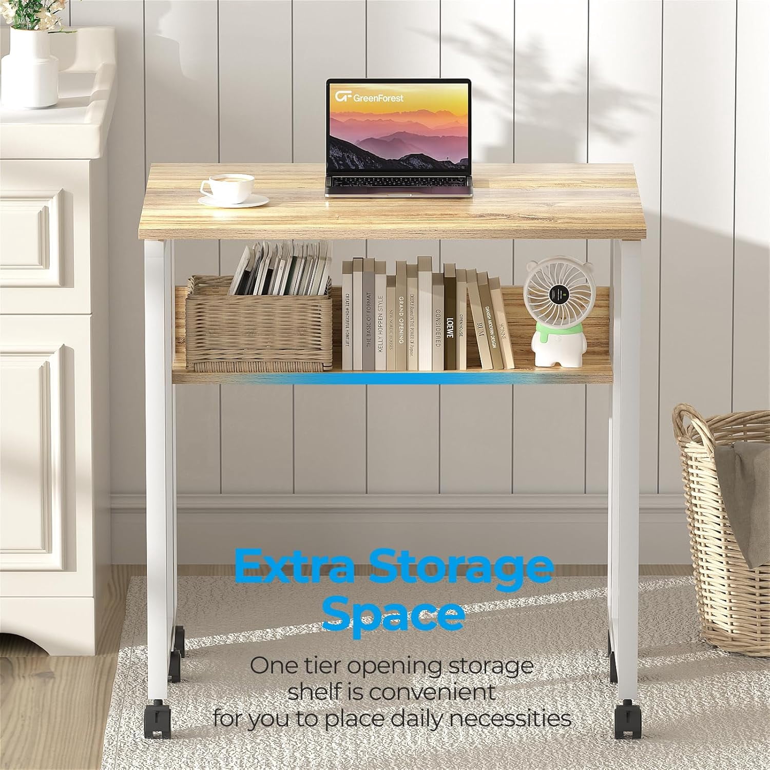 Compact Mobile Computer Desk, Rolling Laptop Table with Storage, Space-Saving Study Desk for Home Office, Taupe Wood