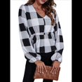 thumbnail image 2 of Top de Larga para Mujer, Jersey Fino, Cuello en V, Abullonada, Babydoll, Ligero, de Poliéster Cuadrícula Grande L, 2 of 10