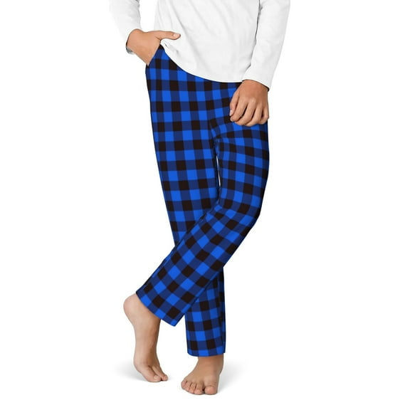 Gukieu Buffalo Plaid Blue Black Print Youth Home Trousers, Elastic Waistband with Pockets for Home and Outing, Suitable for Children Aged 5-16-XS(5-6)