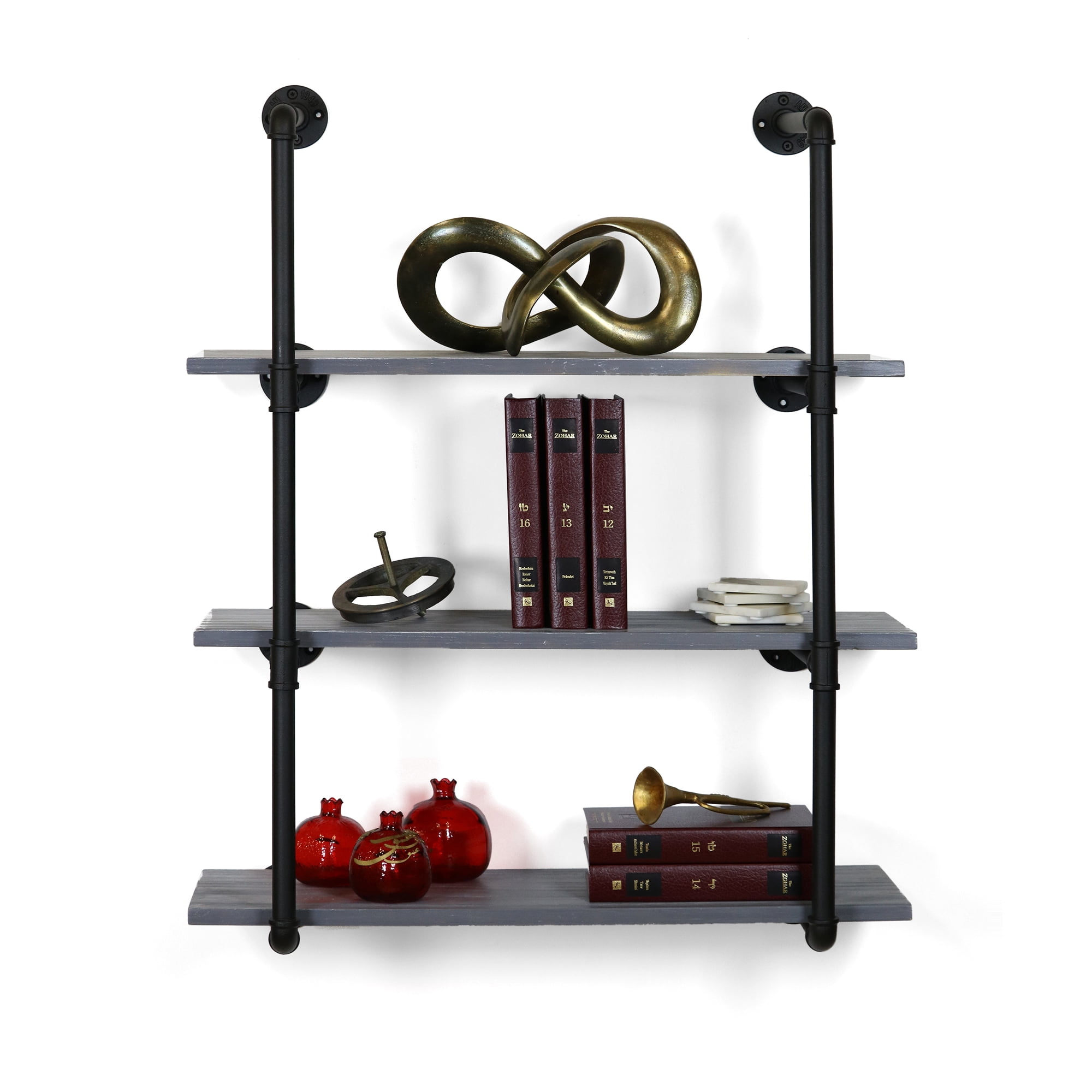 Warehouse of Tiffany Fetrior Black Pipe 3-Level Weathered Gray Floating Wooden Bookshelves