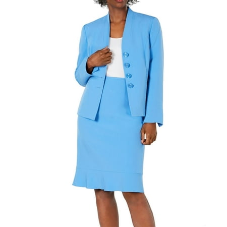 Le Suit Women's Ruffled Skirt Suit Blue Size 4 Petite
