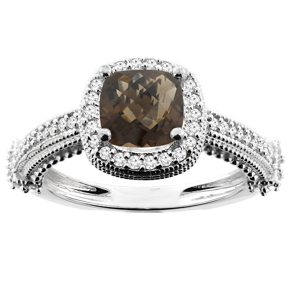 10K White Gold Natural Smoky Topaz Ring Cushion 7x7mm Diamond Accent, size 6