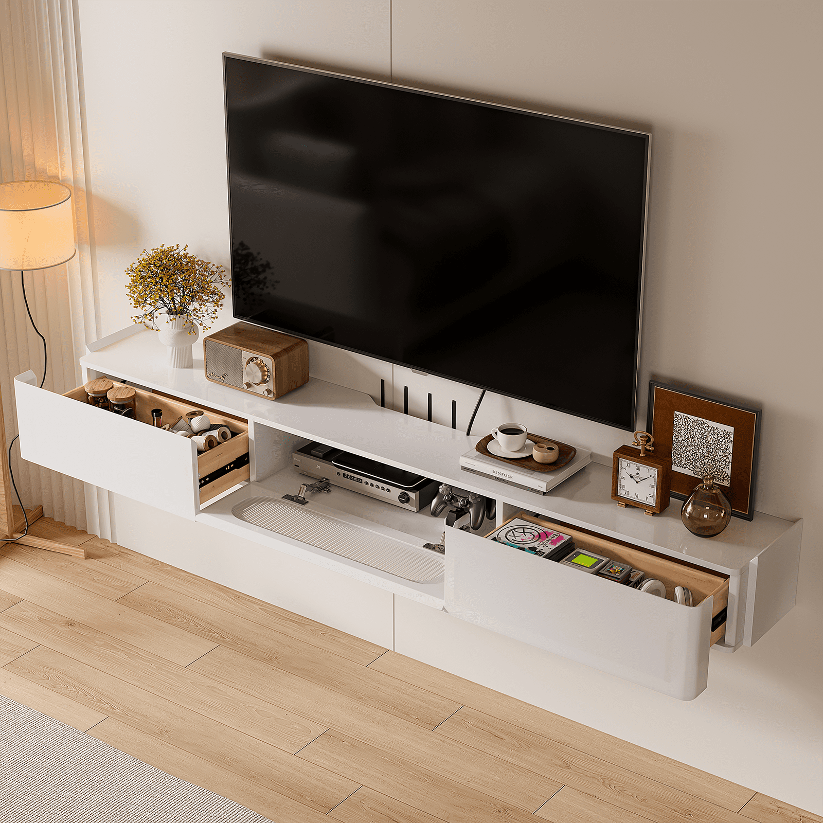 FloatiCasa 70 inch Fully Assembled High Gloss Floating TV Stand Wall-Mounted Entertainment Center for TVs up to 75"