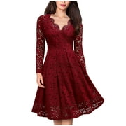Honeeladyy Clearance under 5$ Women Lace Dresses for Party Wedding Guest Lace Dress Elegant Knee Length Lace Dresses for Special Occasions