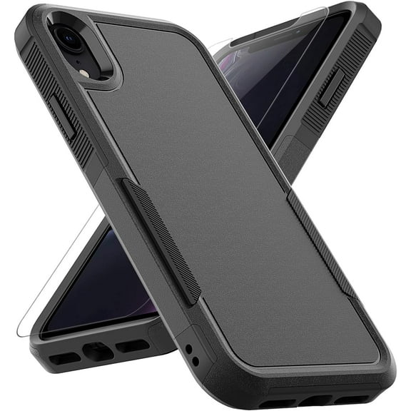 for iPhone XR Case: Dual Layer Protective Heavy Duty Cell Phone Case Shockproof Rugged Bumper Tough with Screen Protector - 16ft Military Grade Drop Tested for Appple iPhone XR (6.1 inch), Black