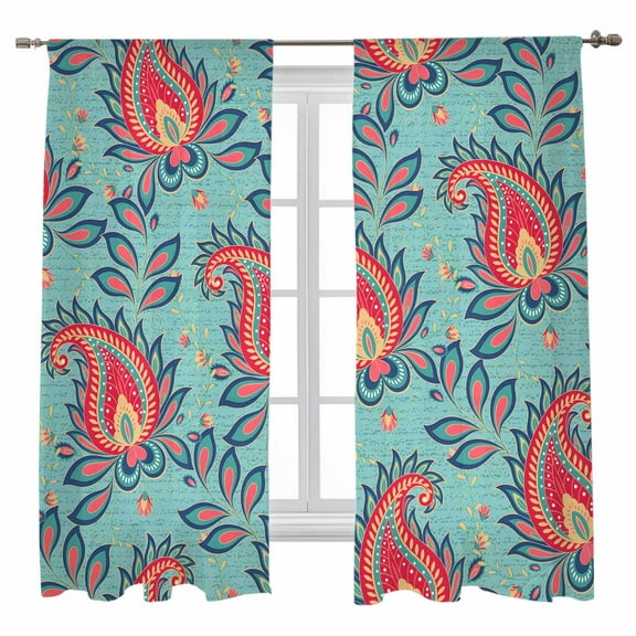 Teal Red Bandanna Sheer Curtains 63 inches Long, Ethnic Indian Style Retro Country Light Filtering Sheer Window Curtains Rod Pocket Voile Drapes for Bedroom Living Room, 52"W x 63"L 2 Panels