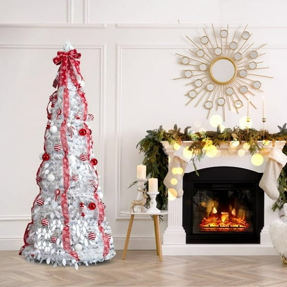 6FT Pop-Up Christmas Tree Fully Decorated with 100 Warm White LED Lights Versatile for Living Room Entryway Office