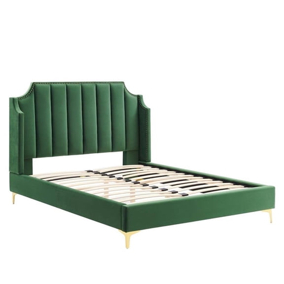 Maklaine Performance Velvet Queen Platform Bed in Emerald Green