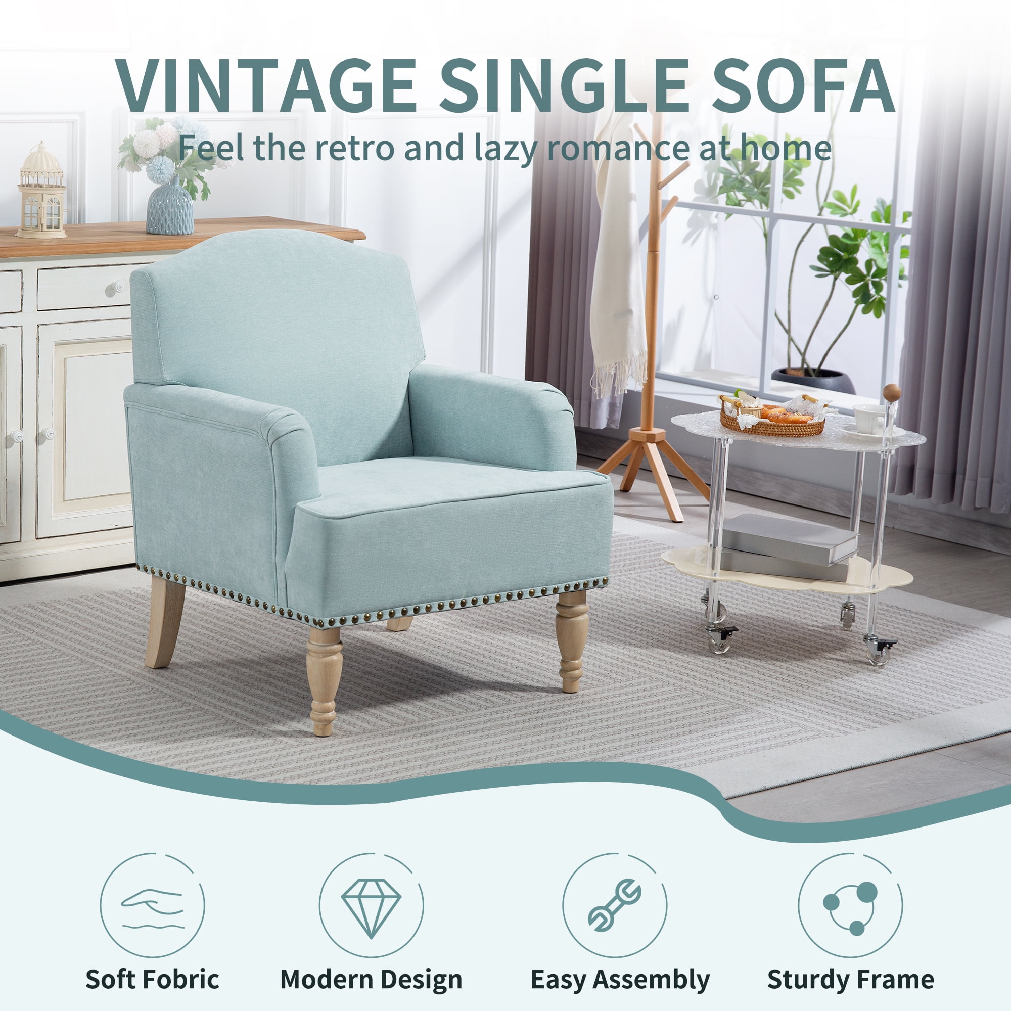 MOONMISS Modern Accent Chair Capacity Retro Wood Legs Nailhead Trim Comfy Upholstered Armchair for Living Room Bedroom,Light blue