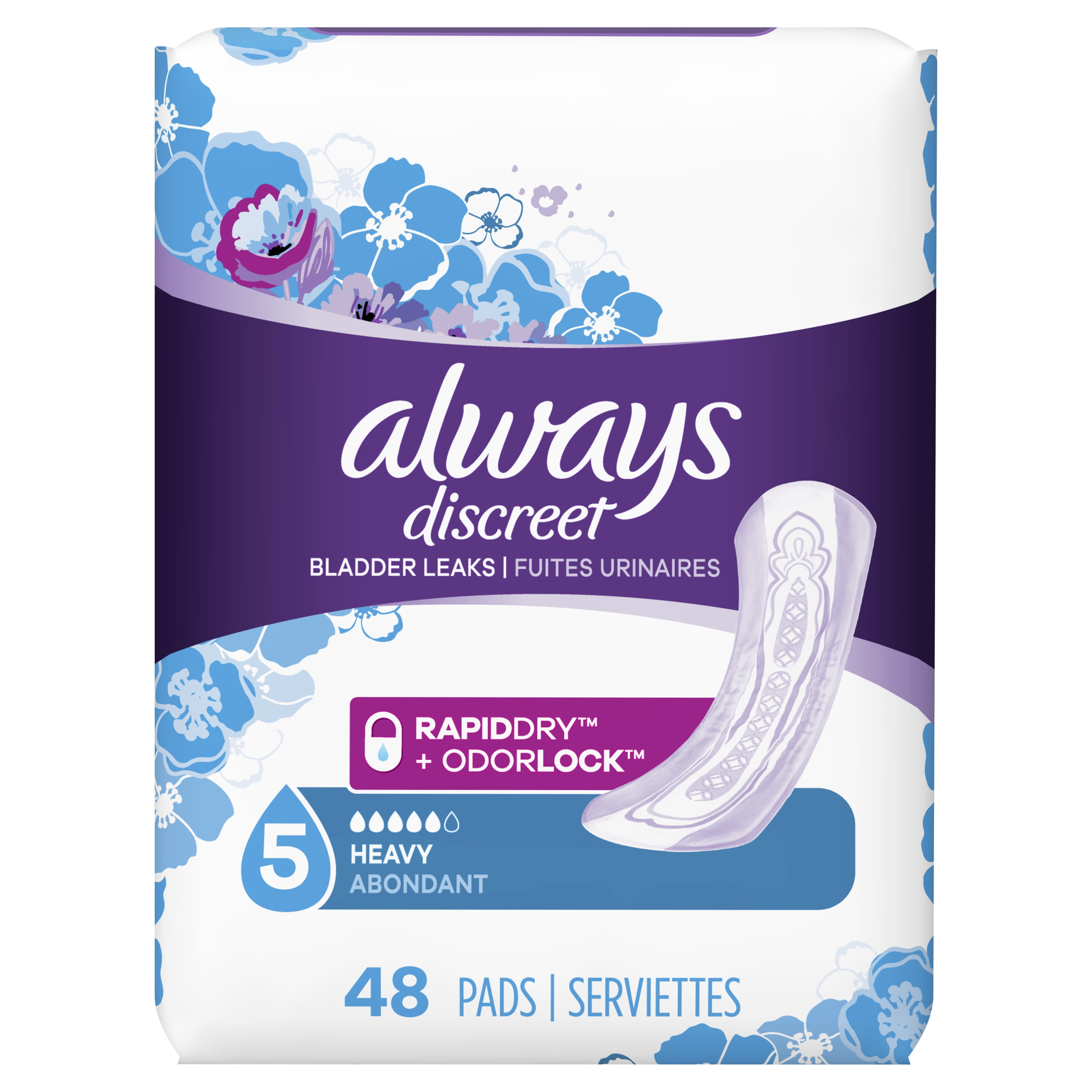 Always Discreet Incontinence Pads for Women, Heavy Absorb, 48 ct