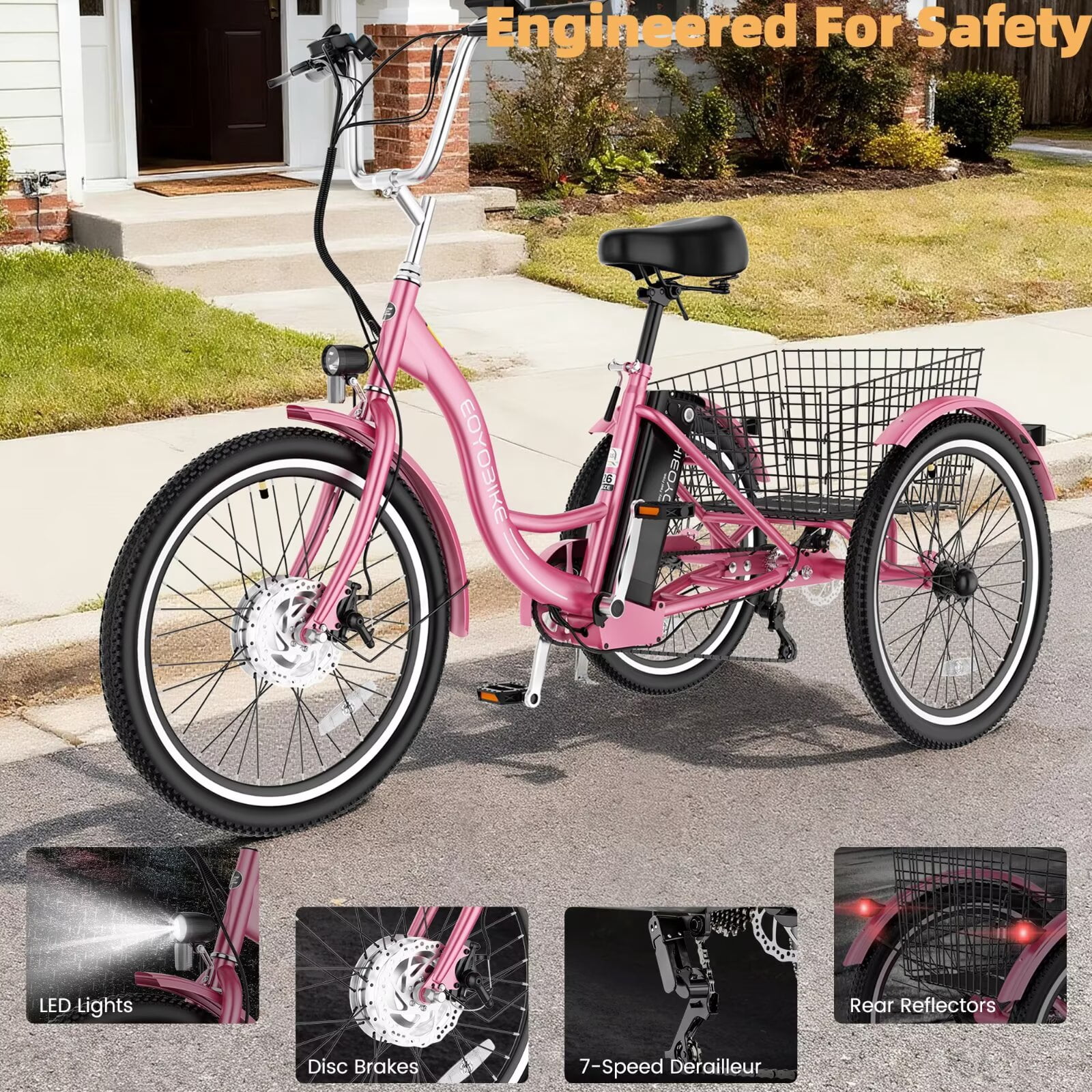 MOONCOOL 24"/26" Adult Electric Tricycle W/ Chain lock, Peak 700W 36V 10.4AH, 7 Speeds Step Through Electric Trike Motorized Three Wheel Electric Bikes w/ Large Basket for Women Men