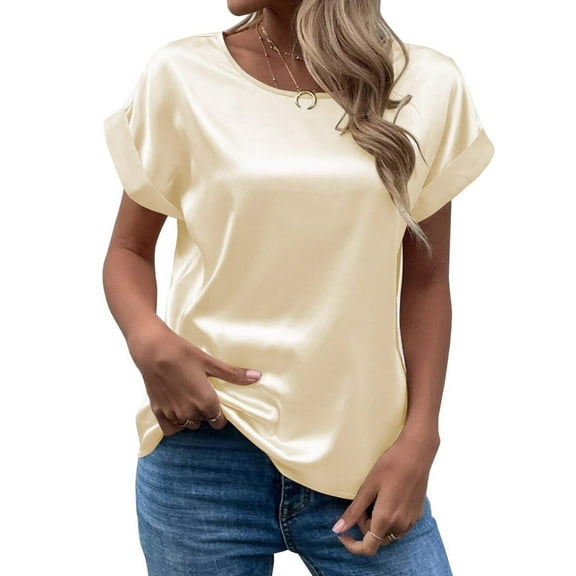 Womens Short Sleeve Tops Spring and Summer Women's Short Sleeved Satin Shirt Loose Casual Round Neck T Shirt Tops for Women