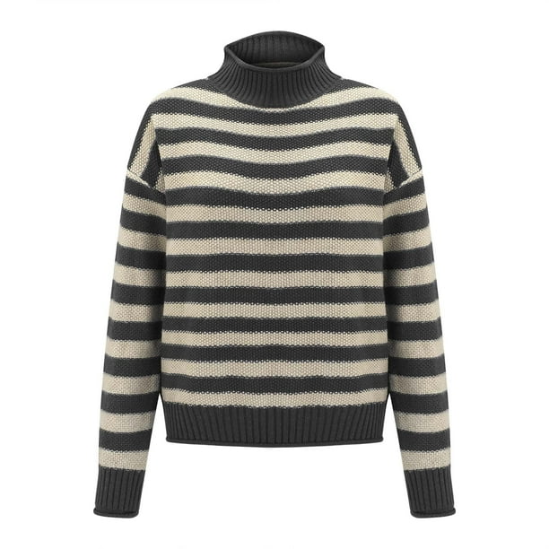 Suéteres Prolriy para mujer, suéter de cuello alto medio con contraste de rayas retro para mujer, suéter holgado informal para abajo, suéteres para mujer, tops para mujer, gris