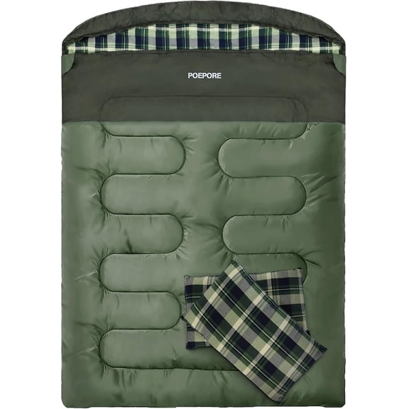 Double Sleeping Bag Flannel for Adults with 2 Pillows 2 Person Sleeping Bags Camping XXL Queen Size Two Person Sleeping Bag for Cold Weather