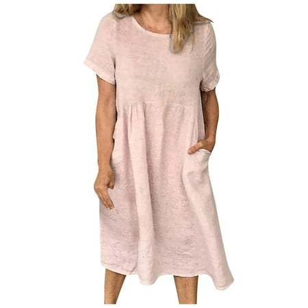 

Juebong Women s Sweatshirt Dress Casual Solid Color Short Sleeve Dress With Pockets Fashion Solid Cap Sleeve Round Neck Pocket Flowy Retro Midi Dress