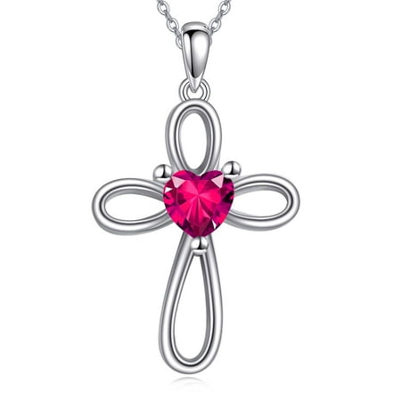 Cross Necklaces S925 Sterling Silver July Ruby Birthstone Heart Cross Pendant Necklace Religious Christian Baptism Jewelry First Communion Day Gifts for Women