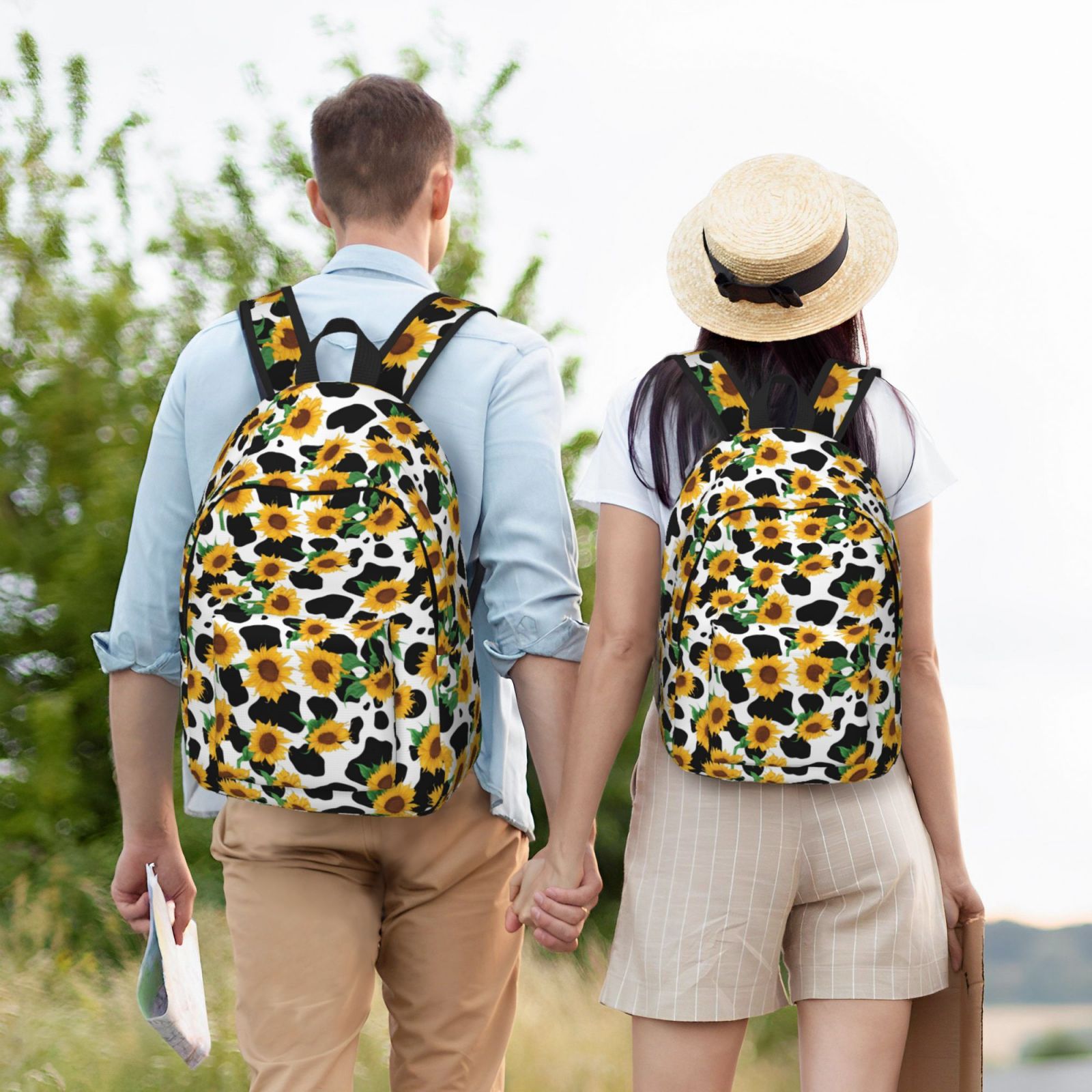 Rateoe Cute Cow Print Sunflower C Pattern Canvas College Laptop Backpack,Travel Daypack,Durable Rucksack Travel Notebook Bag School Backpack Book Bag for Men Women-Medium