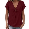 thumbnail image 5 of MaFYtyTPR Women's Summer V-Neck Blouse Fashion Solid Color Short Sleeve Tie Front Loose Fit Casual Tops A-Wine XL, 5 of 5