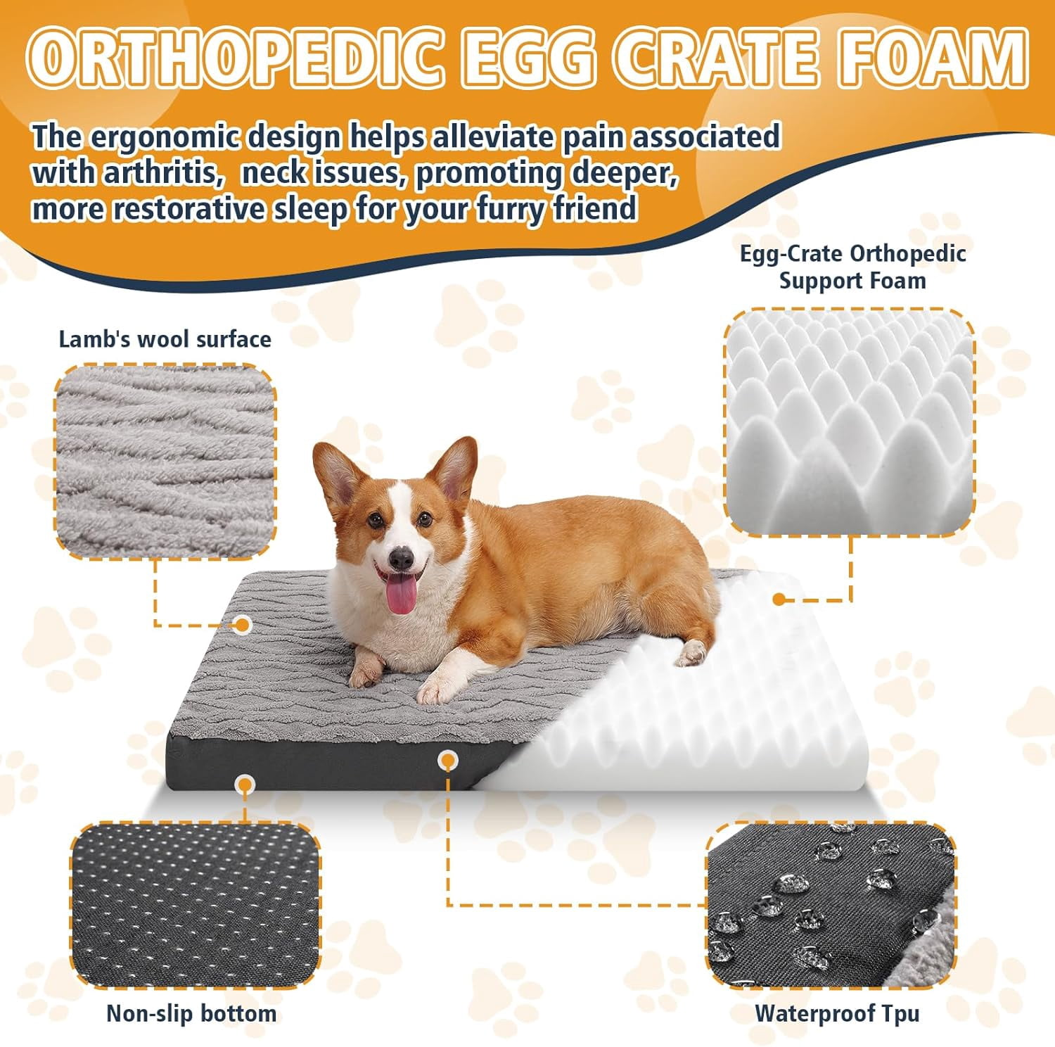 Orthopedic Dog Beds for Medium Dogs – Waterproof Plush Pet Mattress with Removable Washable Cover, Non-Slip Bottom, Memory Foam Dog Bed for Crate, 30x20 Inch, Grey