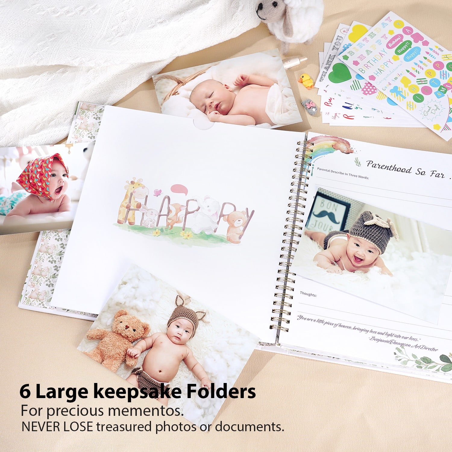 TJT Keepsake Baby Books for Newborn Baby Memory, First 5 Years Baby Memory Record Book Gift, 124 Pages Baby Album, Rabbit, Brown