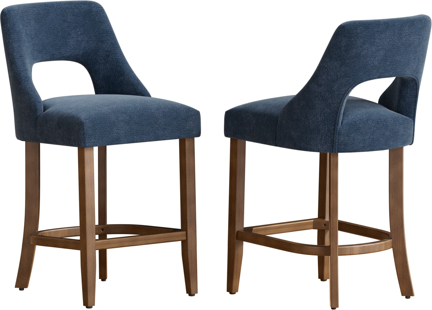 PORKISS 26" Bar Stools Set of 2, Upholstered Kitchen Island Stools with Hollow Back, Mid-Century Counter Stools with Wood Legs Footrest, Navy