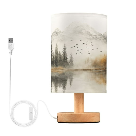 Bedside Desk Lamp LED Autumn Misty Mountains Table Nightstand Lamps Warm Light Fabric Lampshade for Home Bedroom Office Living Room Decor