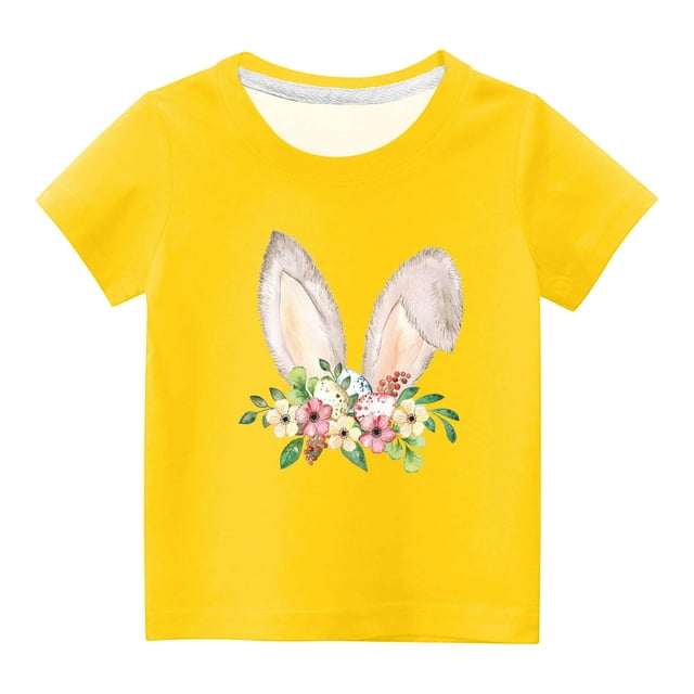 Penkiiy T-Shirts de Pâques pour Enfants Garçons Filles Mode Oreilles de Lapin de Pâques Imprimé Col Rond Manches Courtes 7 Ans Jaune