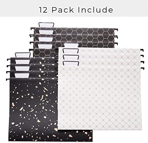 12 Pack Decorative Hanging File Folders Letter Size Rose Gold File Folder Pretty Hanging Folder Organizer for Filing Cabinet Office Home with 1/5-Cut Adjustable Tabs, 3 Black Foil Design