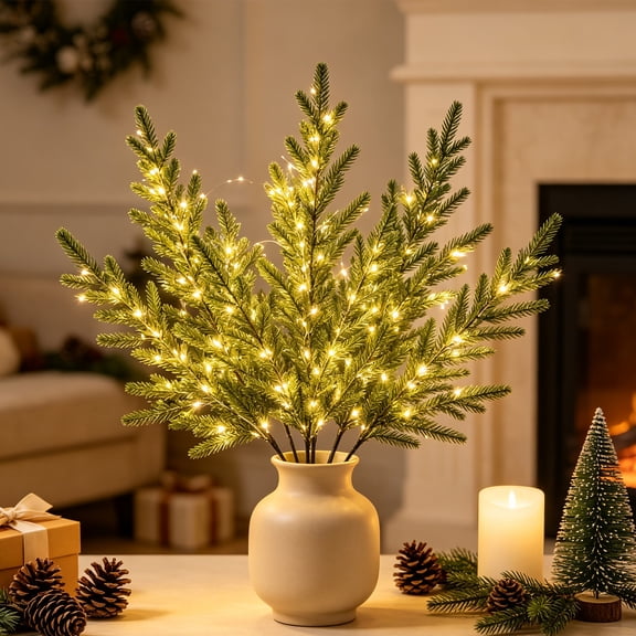 Christmas Norfolk Pine Stems, Christmas Decorations Indoor, 5-Piece Lighted Twinkle Branches for Vase, Table, Mantel and Holiday Decor