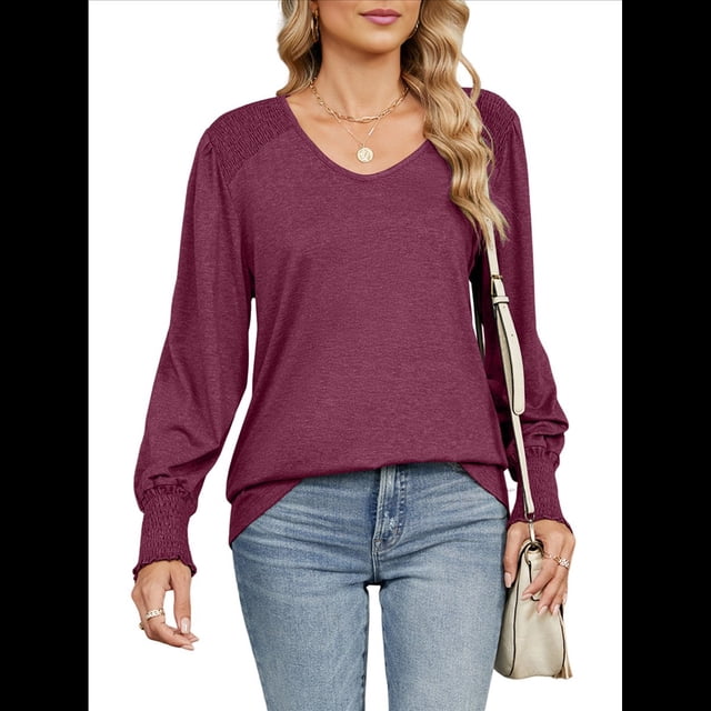 Camisas Casuales Holgadas de Larga para Mujer, Blusas Fruncidas con Cuello en V, Blusas de Moda. Vino Tinto S