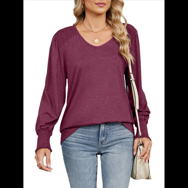 Camisas Casuales Holgadas de Larga para Mujer, Blusas Fruncidas con Cuello en V, Blusas de Moda. Vino Tinto M