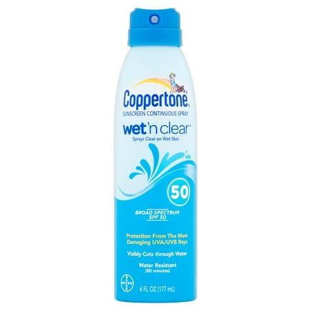 Bayer Coppertone Wet 'n Clear Sunscreen Continuous Spray Broad Spectrum, SPF 50, 6 fl oz
