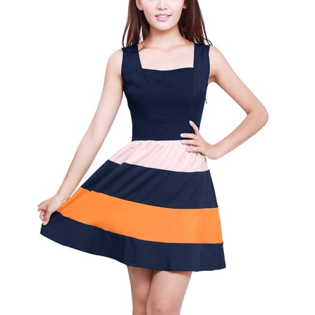 Colorblock Square - Women Striped Colorblock Sleeveless Square Neckline Tank Dress