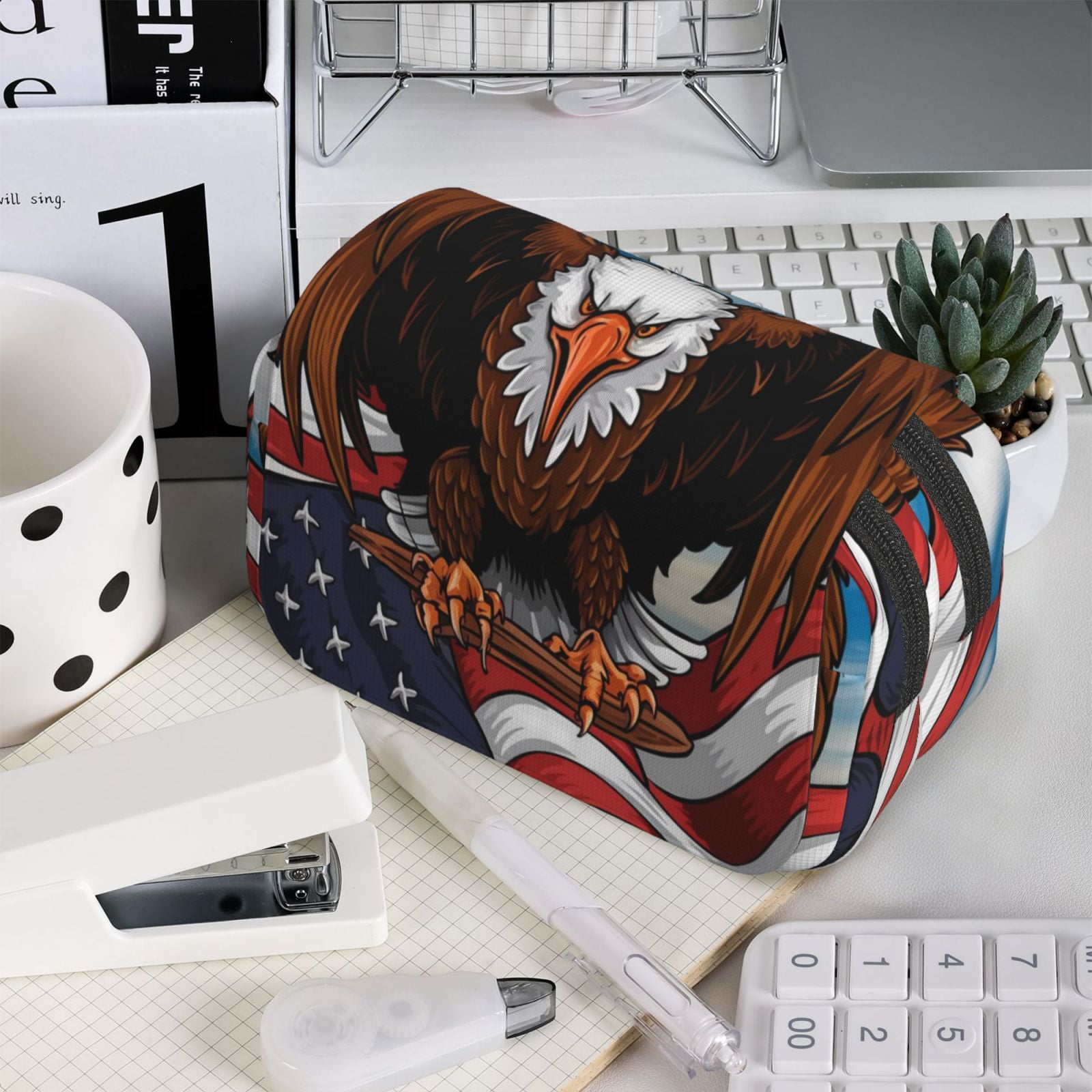 Rateoe Cartoon Bald Eagle USA Pattern Double Clamshell Pen Case, Storage Organizer with Two Zipper Compartments– Holds Up to 50 Pencils & Pens