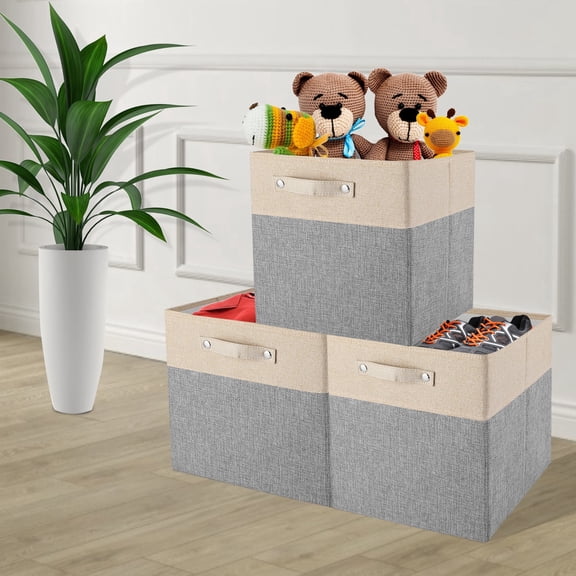 Chicfifth 3 Pack Fabric Storage Bins 13 Inch Cube Organizer Boxes with Handles, Foldable Closet Storage, Beige Gray