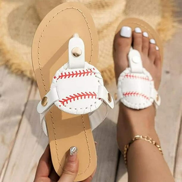 Sandalias de mujer, chanclas con estampado de béisbol, zapatillas de playa, plataforma plana de verano, zapatos ortopédicos con soporte para el arco Wmkox8yii ytu9826