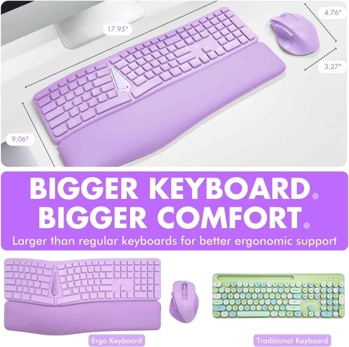 X9 Purple Ergonomic Keyboard Mouse Wireless Combo - Type Comfortably - 2.4G/Bluetooth Split Keyboard, Multi-Device, Soft Wrist Rest, Rechargeable, Silent Ergo Keys - Laptop, PC, Mac,iOS,Android