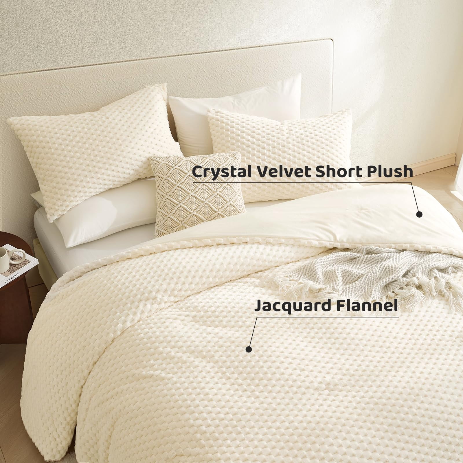 Petrichor Cozy Flannel Comforter Set, Warm and Soft King Size Quilt for Winter, 3 Piece Bedding Set with 2 Pillowcases, Cream White