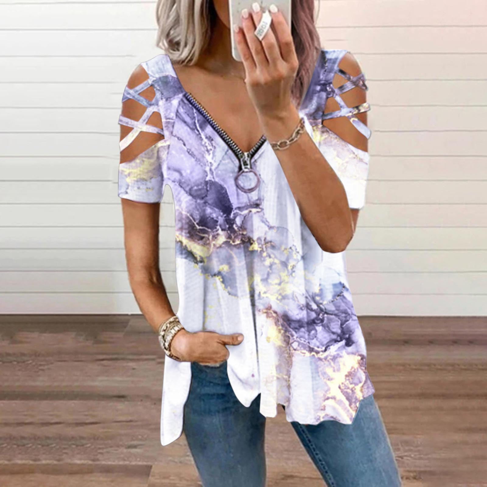2019Womens Casual Tops Blouse Short Sleeve Crew Neck Floral T-Shirt Ladies 