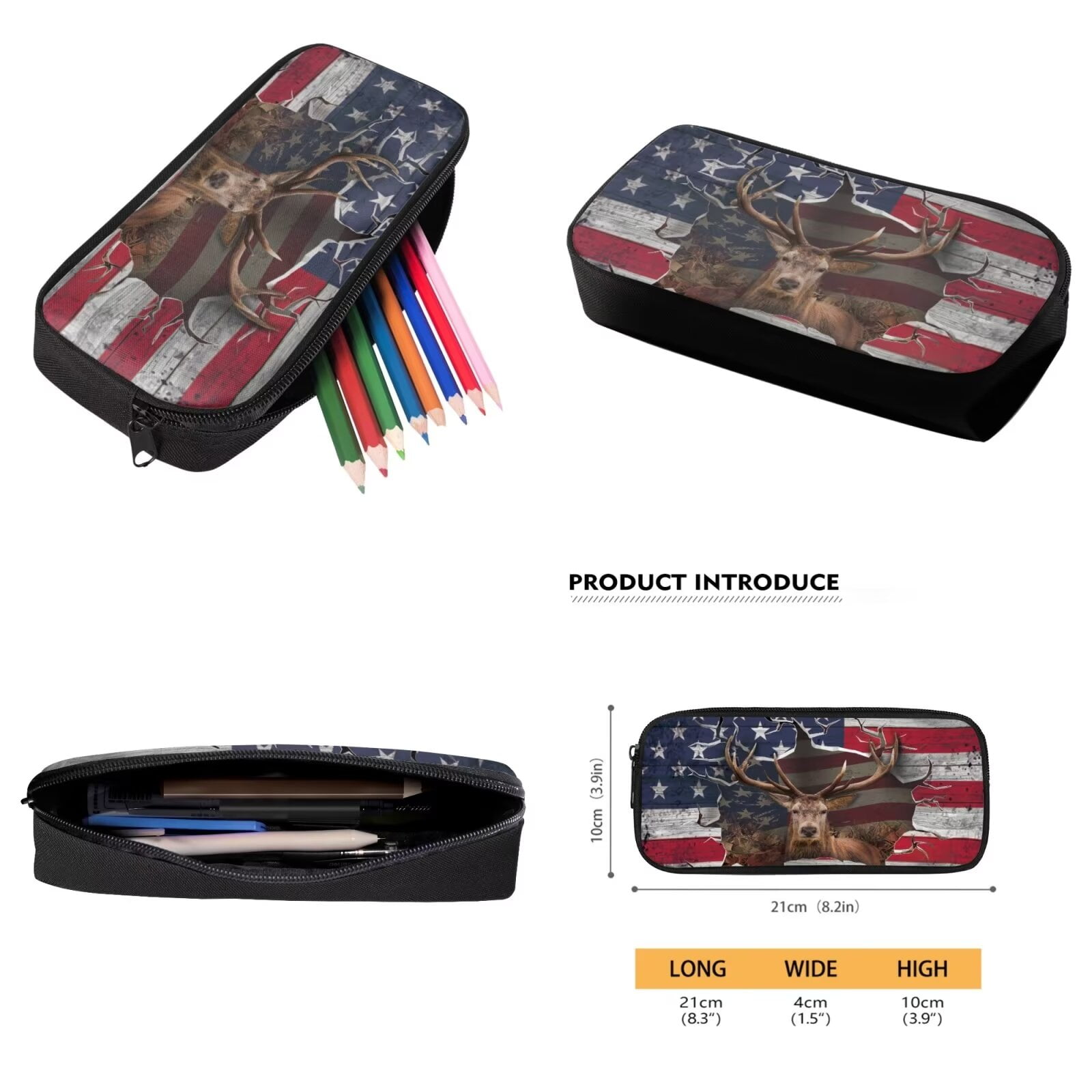 XYZCANDO 3D USA Flag Elk Print Backpack Set for Student, 3 Pack School Book Bag with Lunch Bag and Pencil Box for Outdoor Hiking Camping, Lightweight Daypack Rukcsack with Side Pocket