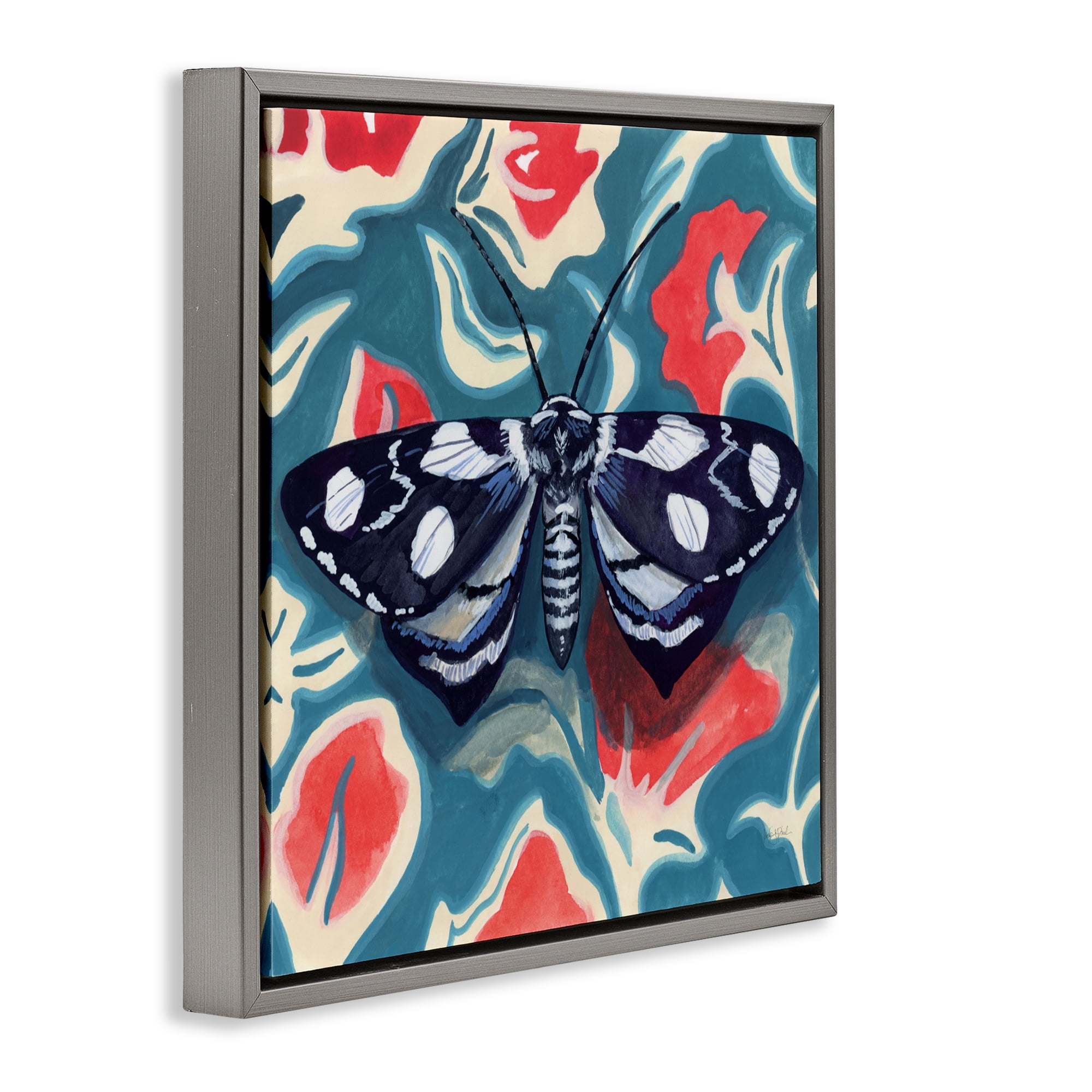 Stupell Industries Symmetrical Moth On Beautiful Flowers Gray Framed Floater Canvas Wall Art, design by Kate Jarvik Birch