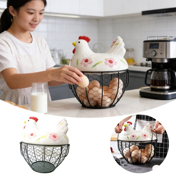 Chicken Egg Basket, Wire Egg Collection Baskes with Ceramic Lid for Gathering Fresh Eggs, Chicken Egg Holder, Decorative Farmhouse Cute Eggs Storage Container for Kitchen, Countertop
