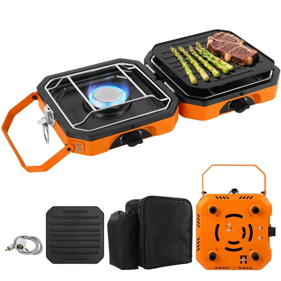 Camping Stove, 2 Burner Propane Stove With Grill,17,000 BTU Camp Stove, Foldable Camping Stove Propane Includes Carry Bag,Windscreen & Grill,Adjustable Burners (Orange)