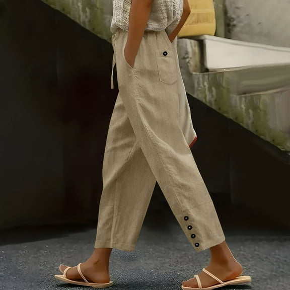 Odbmxy Pants Plus Women High Waist Straight-Leg Ankle Womens Trousers Elastic Waist Loose with Pockets Workout Beige Pants,XL