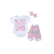 3PCS Toddler Baby Girls My First Valentine Day Romper Bodysuit Jumpsuit+Leg Warmers+Headband Outfits