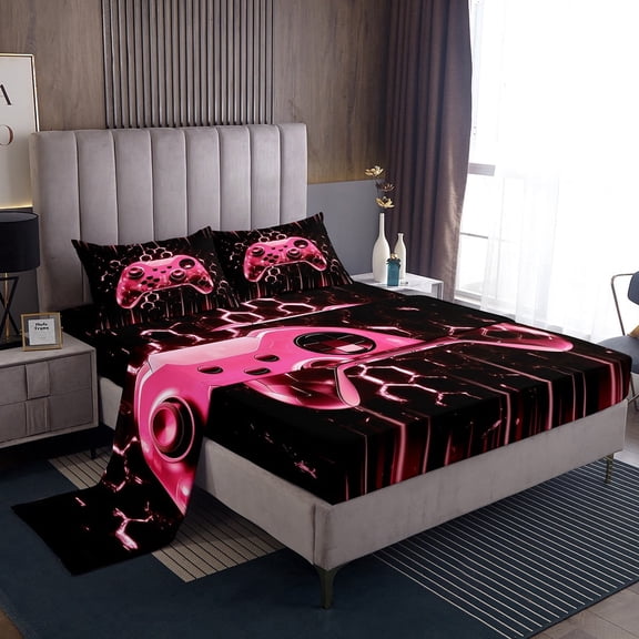 Erosebridal Gradient Pink Gampad Bed Sheets Set Twin Size, Gamer Game Bedding Sets Twin Size for Teens Bedroom Decor 3pcs