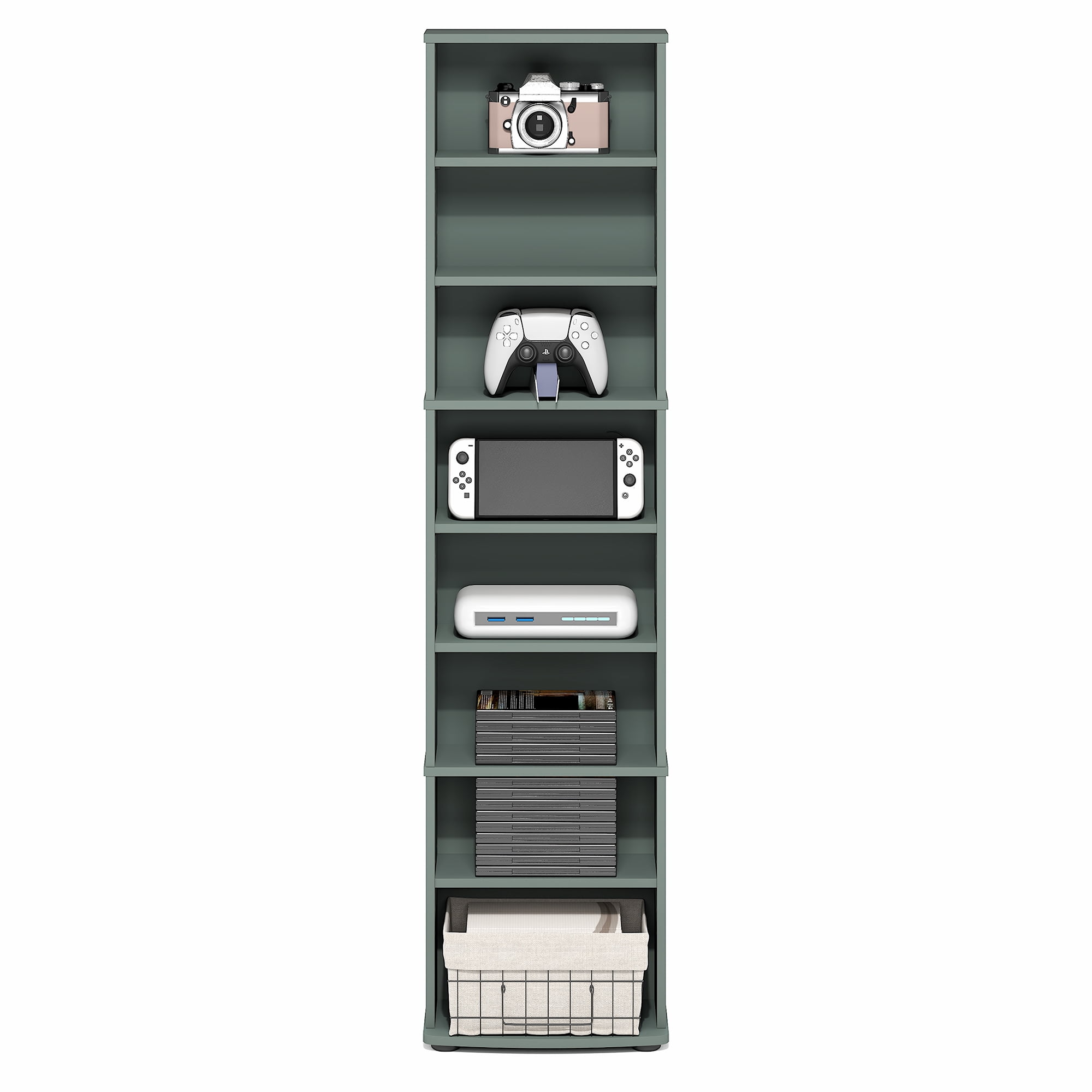 Furinno JAYA 8-Tier Narrow AdJUSTable Media Shelves Sage Green