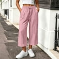 thumbnail image 2 of Lmueinov 2026 Women's Drawstring Elastic High Waist Cotton Linen Cropped Wide Leg Pants, Side Button Decor Loose Capri Casual Trousers Summer Daily Vacation Wear S-XXL, 2 of 6